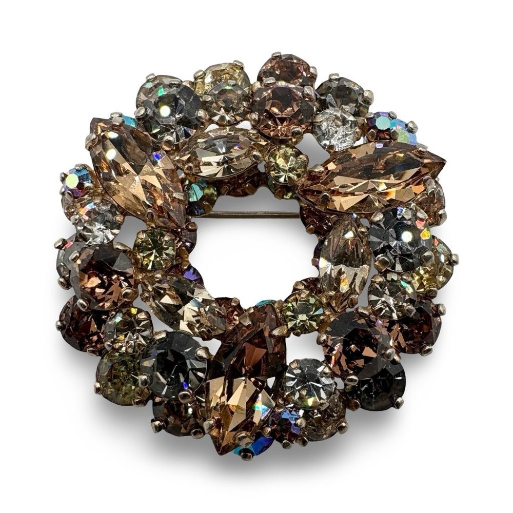 Vintage Sherman Signed Wreath Brooch Smoky Topaz Grey AB Rhinestones Canada Pin